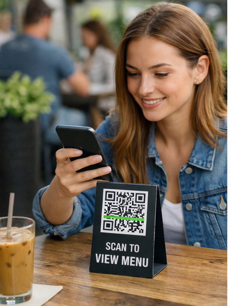 Customer scanning Digital QR menu in a restaurant